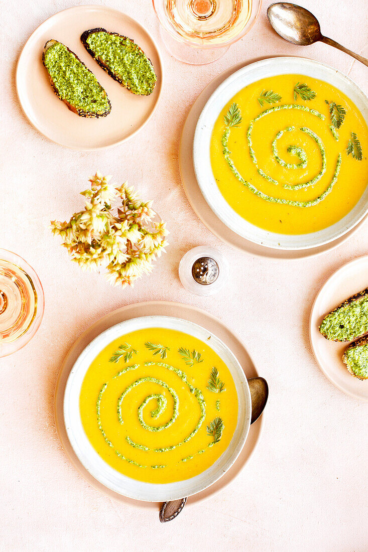 Red carrot and lentil soup with carrot pesto