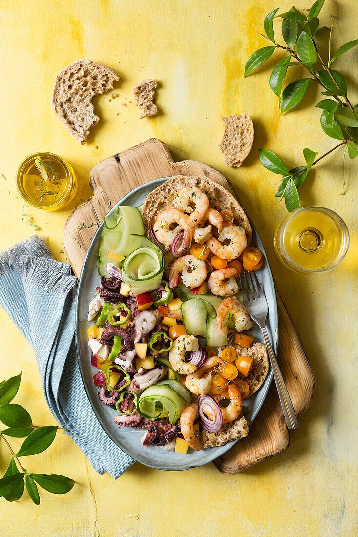 Seafood salad with octopus and prawns