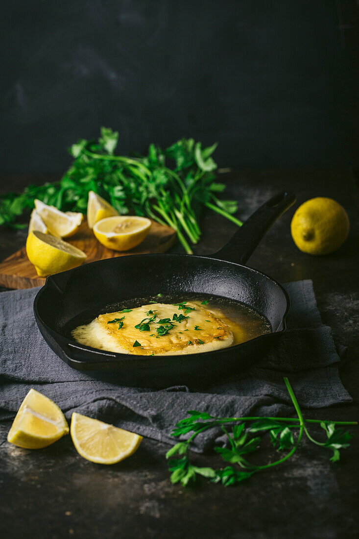 Cheese melted in a cast-iron pan with parsley and lemons