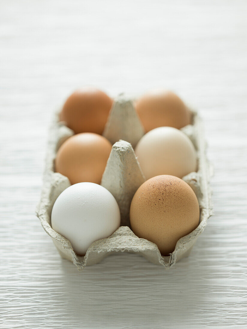 Eggs in a cardboard box on a white background