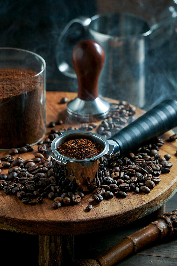 Tamper coffee and coffee press, dark background