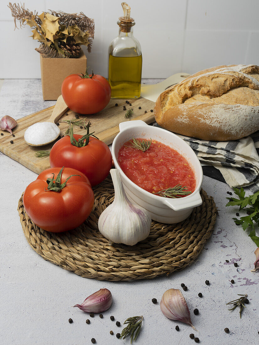 Reife Tomaten und ungeschälter Knoblauch auf einem Tisch neben einer Schüssel mit zerdrückten Tomaten, Vollkornbrot auf einer Serviette, einem Schneidebrett und Öl