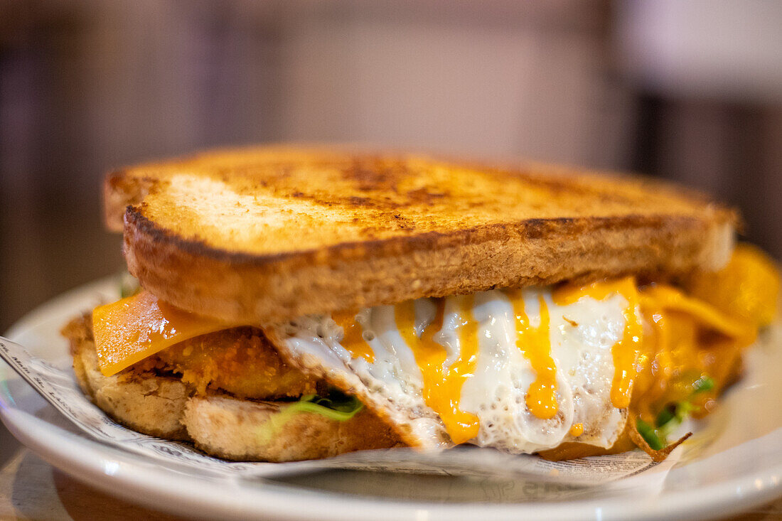 A grilled cheese sandwich with a fried egg, cheddar, and fresh greens on whole grain bread, served on a ceramic plate