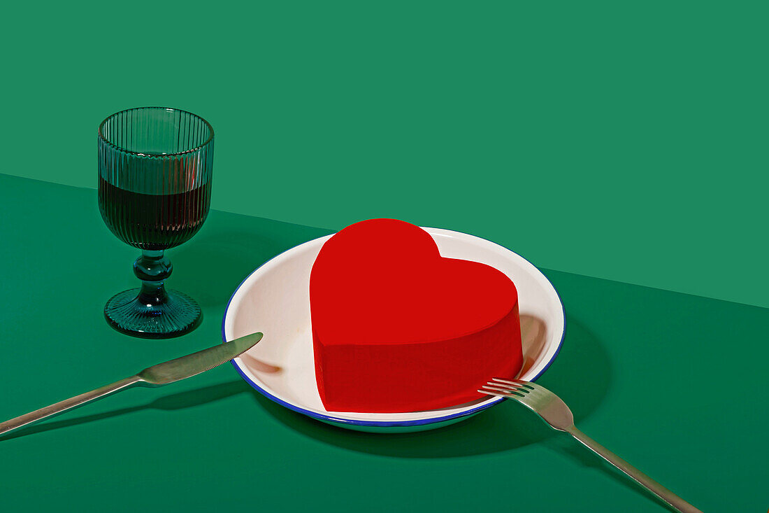 Generative AI crafted image depicting a Valentineâ€™s Day dinner with a heart-shaped object on a plate and an elegant glass.