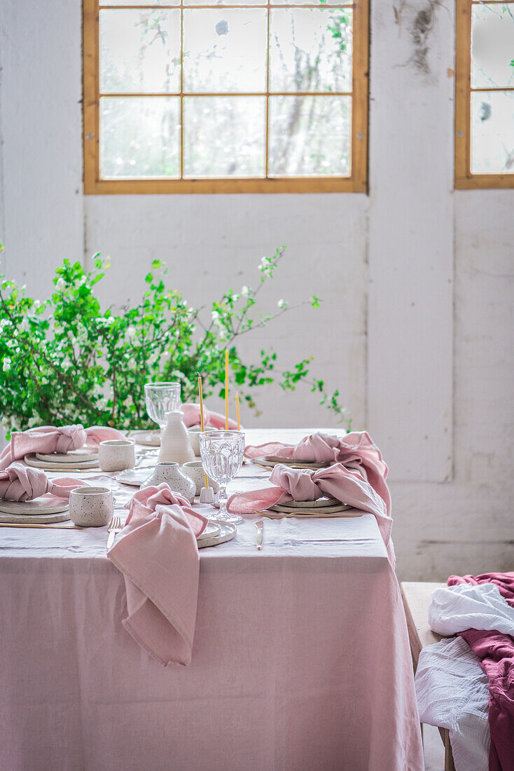 Gedeckter Tisch mit Tischtuch und Geschirr in der Nähe von Gläsern für ein Bankett in einem hellen, mit grünen Topfpflanzen dekorierten Raum