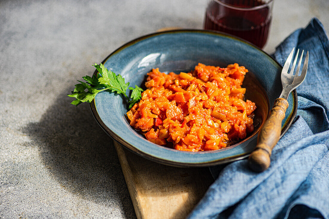 From above of vegetable stew made of potato, carrot, bell pepper, and tomatoes served with parsley leaves in a bowl on concrete table