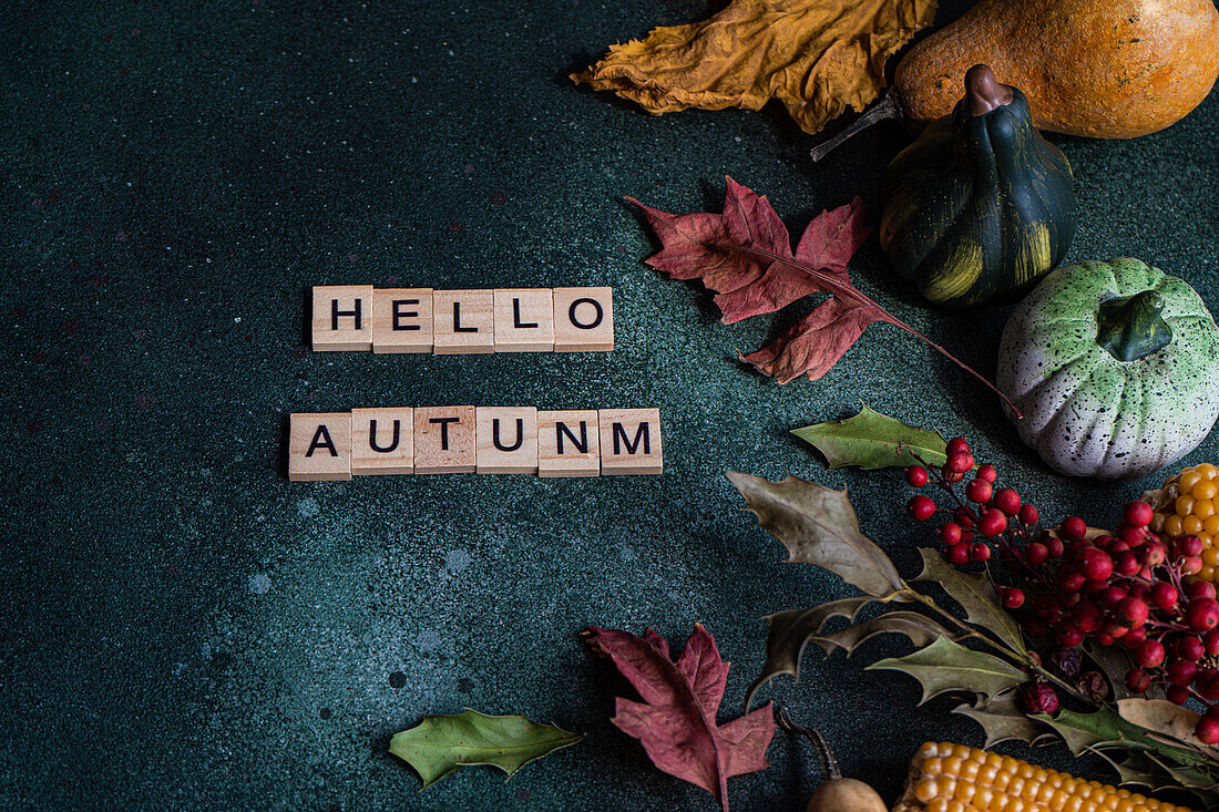 Komposition aus reifem, gesammeltem Kürbis und Maiskolben, arrangiert mit Spielwort-Holzfliesen mit der Aufschrift "Hello Autumn" auf grünem Hintergrund