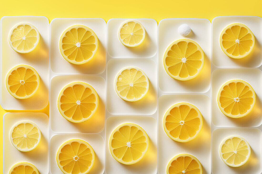 Background of beautiful lemon fruit slices on frozen surface with ice shapes. Generative AI