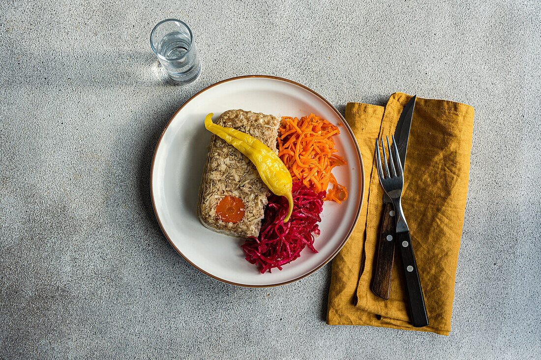 From above of slice of chicken aspic with a carrot centerpiece, served with spicy shredded carrot and pickled beetroot cabbage, accompanied by a shot of vodka