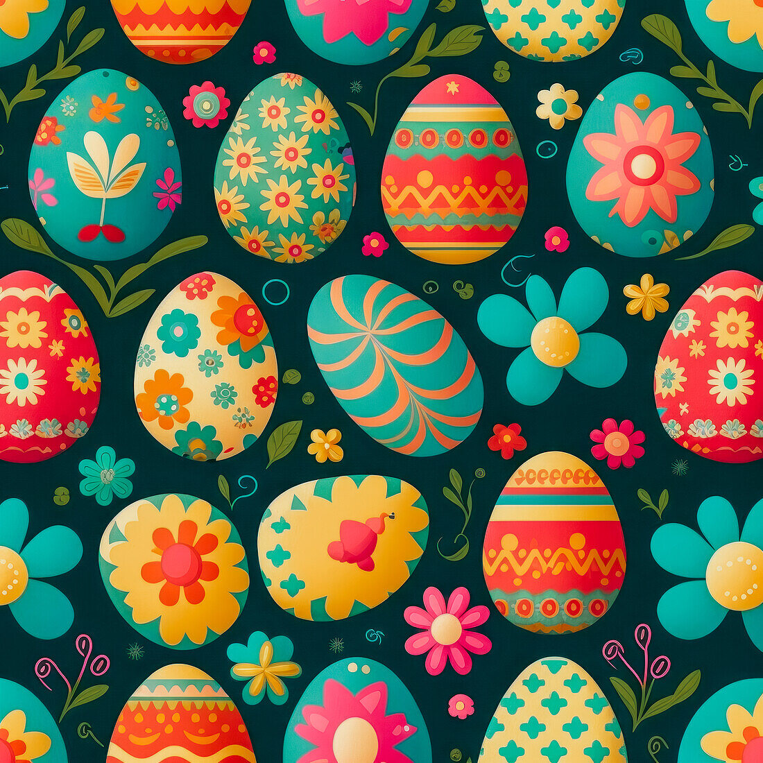 Abstract background of various colorful bright Easter eggs with different ornaments and flowers on dark surface with twigs