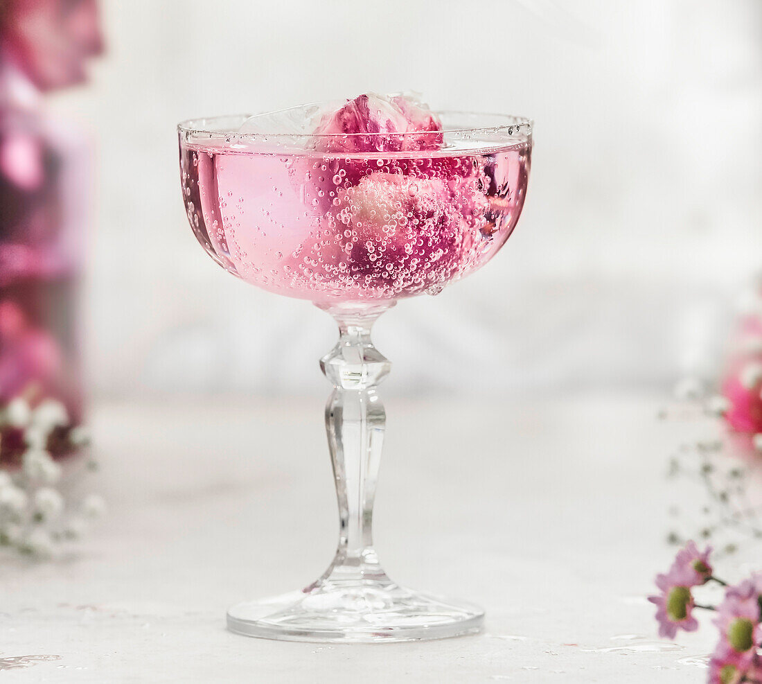 Close up of sparkling pink drink with rose petals in champagne glass at white table with blurred background. Aperitif with elegant decoration for celebration. Front view.