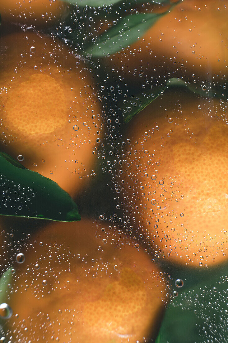 Nahaufnahme von leuchtenden Orangen mit Blättern, vergrößert und verzerrt durch klare Wassertröpfchen, wodurch ein abstraktes und erfrischendes Bild entsteht