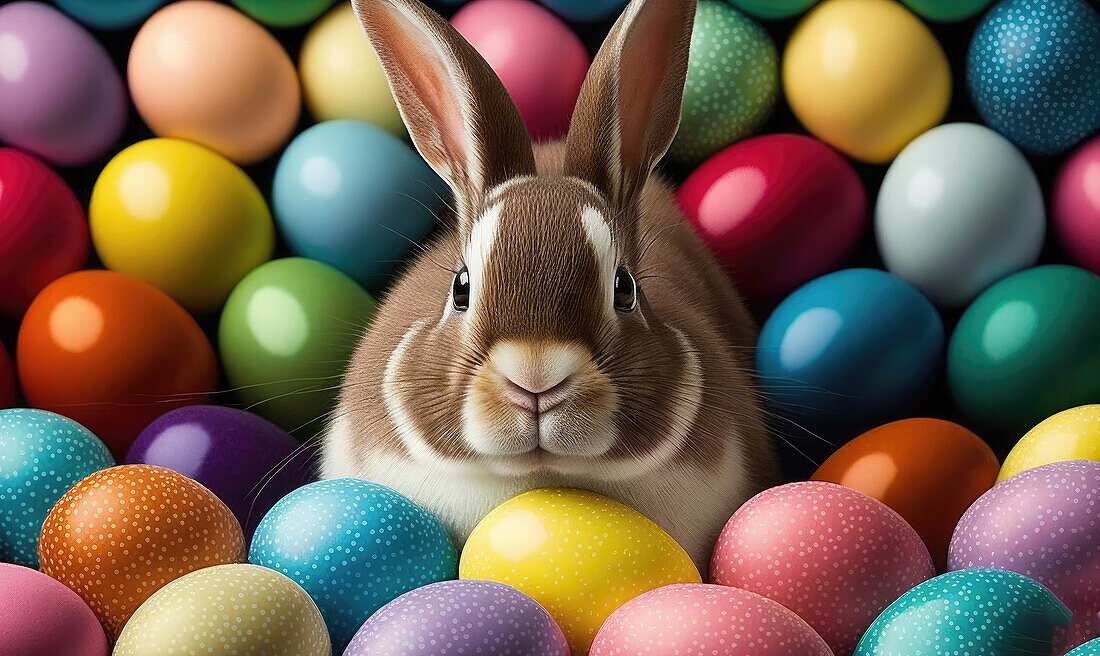 From above Generative Ai illustration of Easter bunny looking at camera near bright colorful egg candies on colorful background