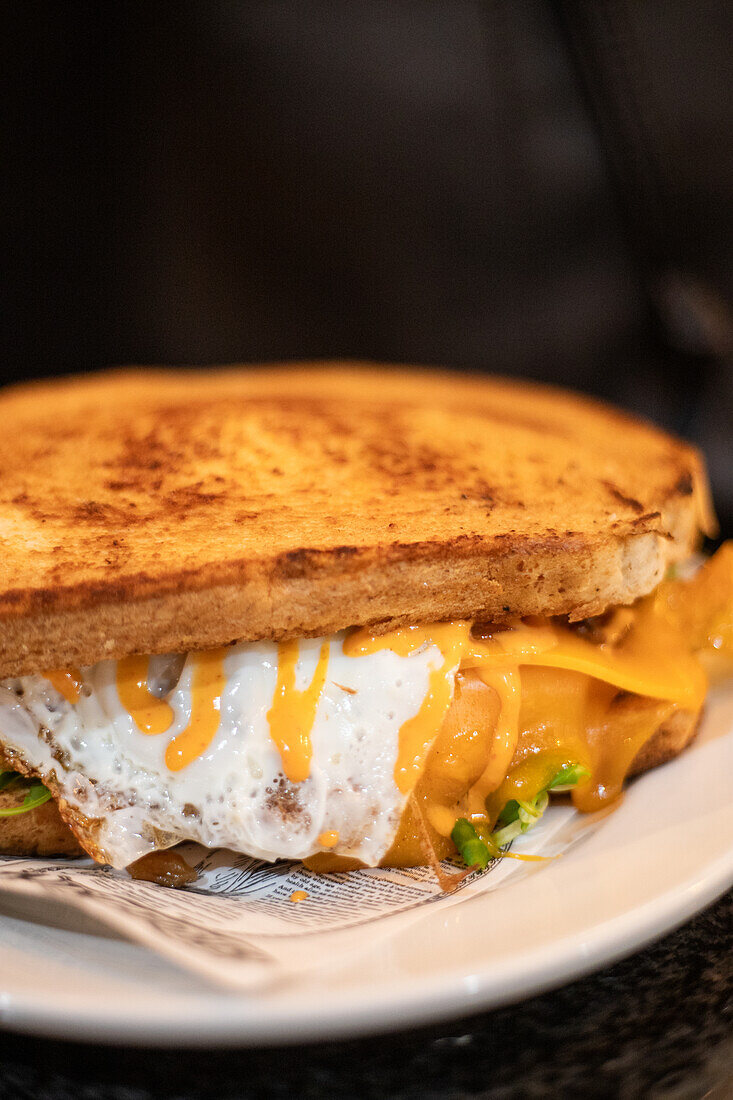 A grilled cheese sandwich with a fried egg, cheddar, and fresh greens on whole grain bread, served on a ceramic plate