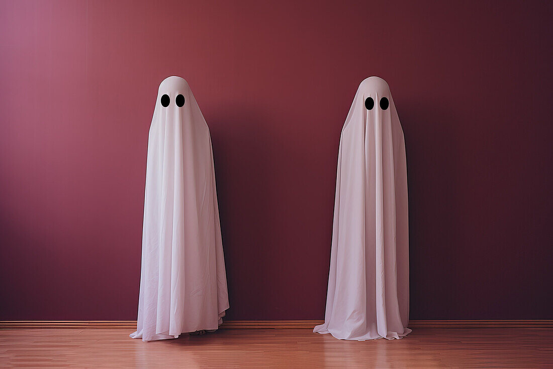 Frontansicht von zwei nebeneinander stehenden Geistern auf einer Halloween-Party, erstellt mit Generative AI-Technologie