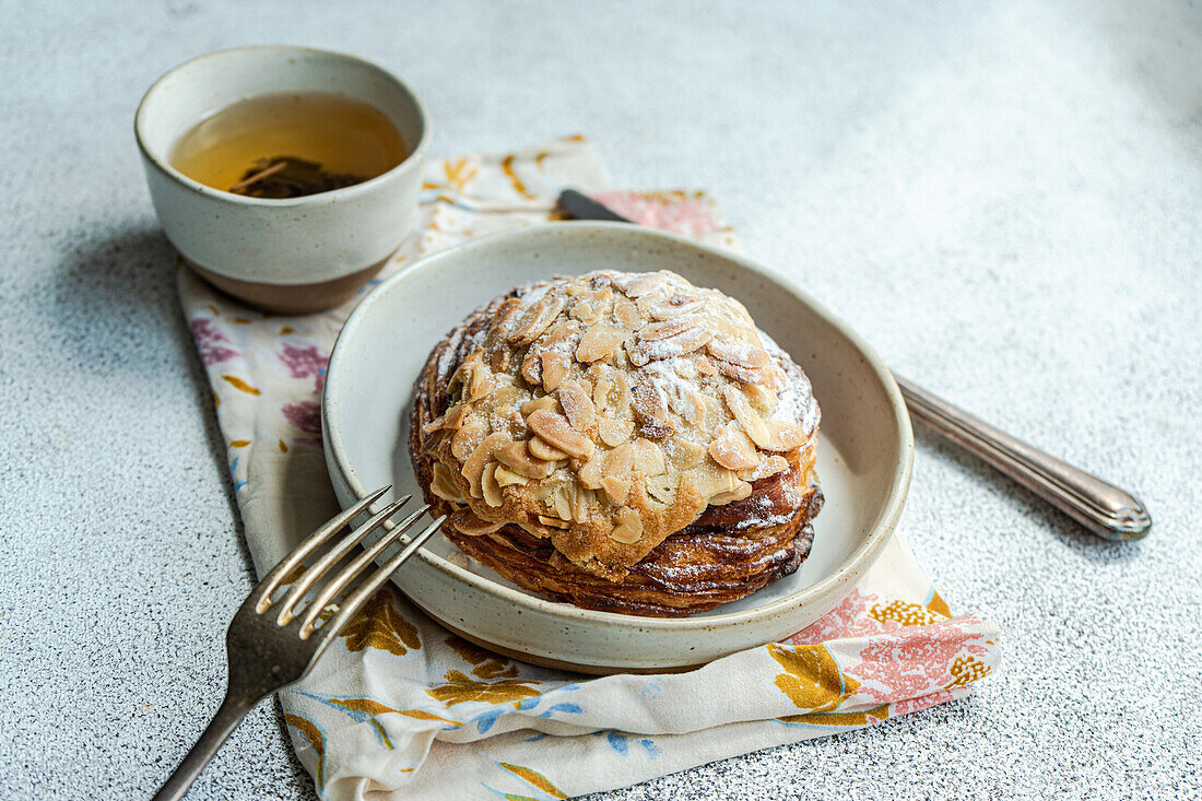 High angle of sweet almond pastry on napkin with fork and knife with cup of green tea against gray background in sunlight