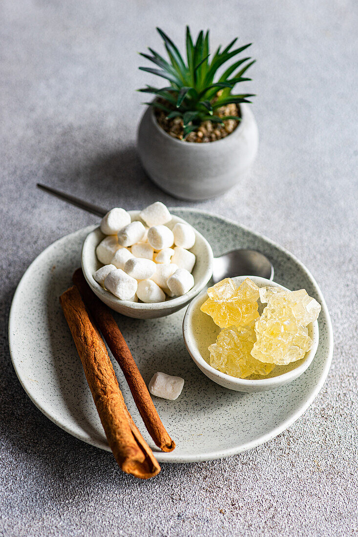 Artful arrangement of cinnamon sticks, fluffy marshmallows, and crystalline rock sugar, accompanied by a small potted plant