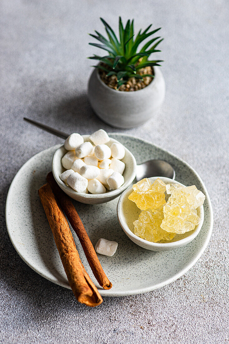 Kunstvolles Arrangement aus Zimtstangen, flauschigen Marshmallows und kristallinem Kandiszucker, begleitet von einer kleinen Topfpflanze