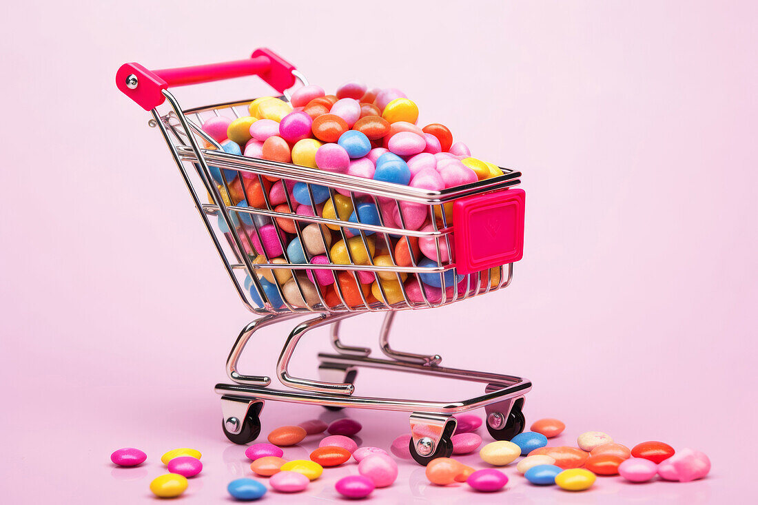 Komposition von Miniatur-Einkaufswagen mit verschiedenen bunten Süßigkeiten in der Nähe von gefallenen Süßigkeiten auf rosa Hintergrund platziert