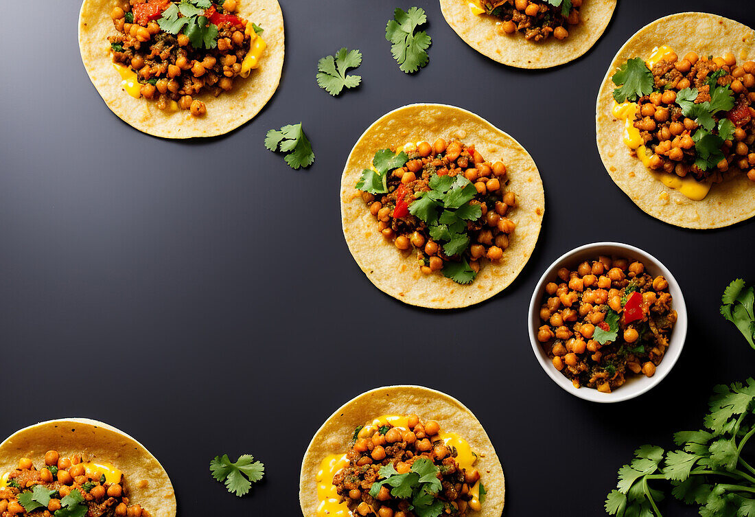 Top view of tasty tortilla flatbread with chickpea and meat topped with cilantro over black table background. Generative AI