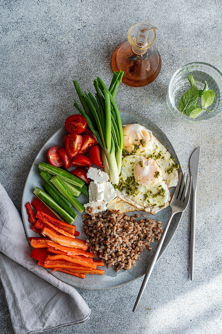 A nutritious breakfast concept on a plate with cherry tomatoes, mini cucumbers, green onions, slices of red bell pepper, crumbled feta cheese, boiled buckwheat, and two fried eggs drizzled with pesto sauce.