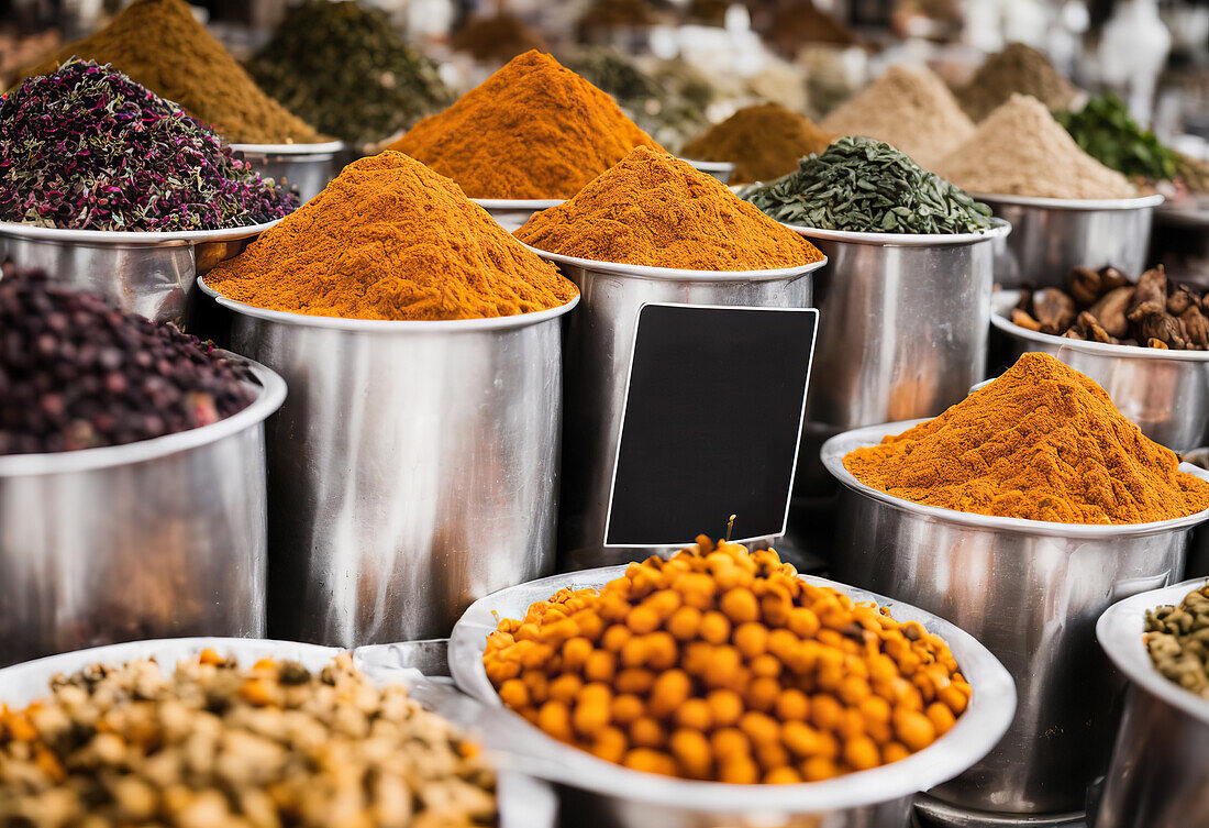 Multicolored bazaar of mixed flavour of powdered and edible spices condiment placed on stainless can on stall at local market