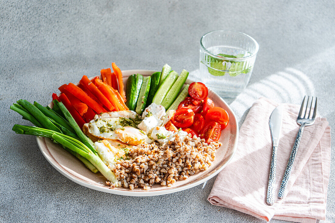 A fresh and healthy breakfast dish showcasing a variety of raw vegetables, creamy feta, wholesome buckwheat, and fried eggs, all drizzled with pesto sauce.
