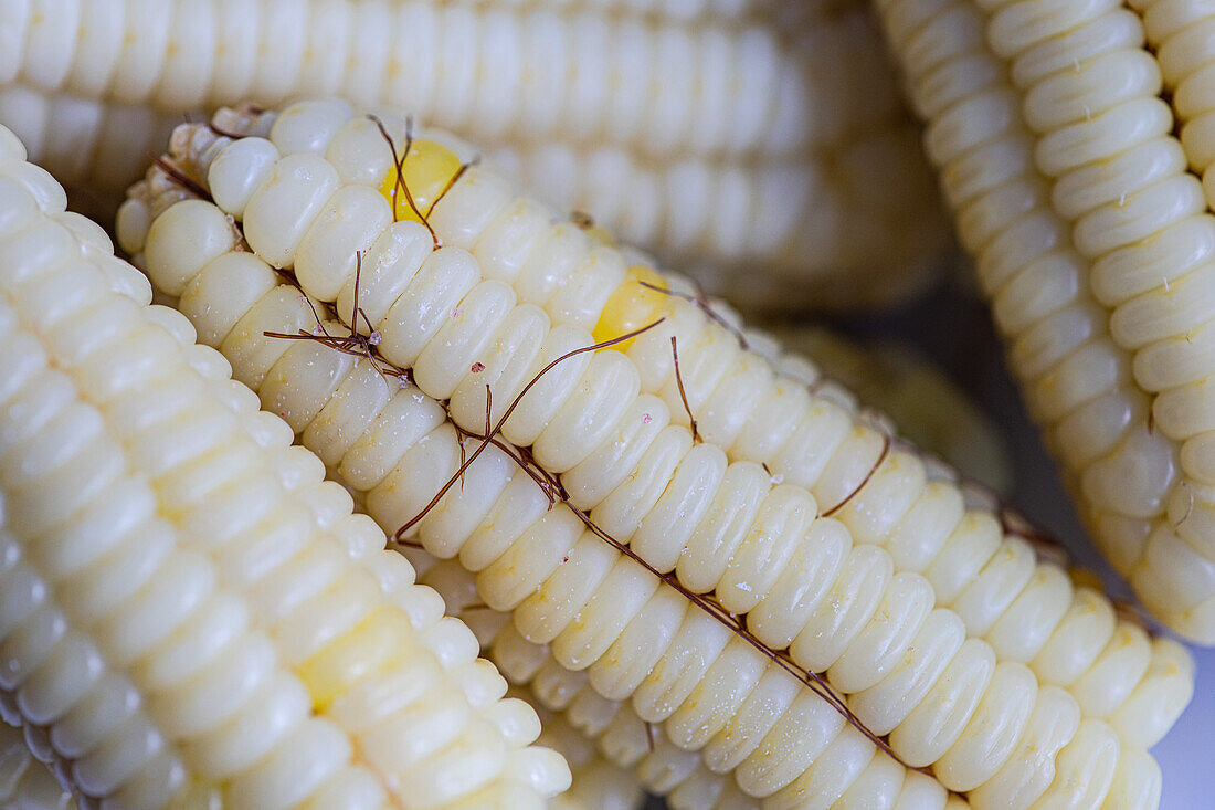 Top view of closeup of ripe sweet corns