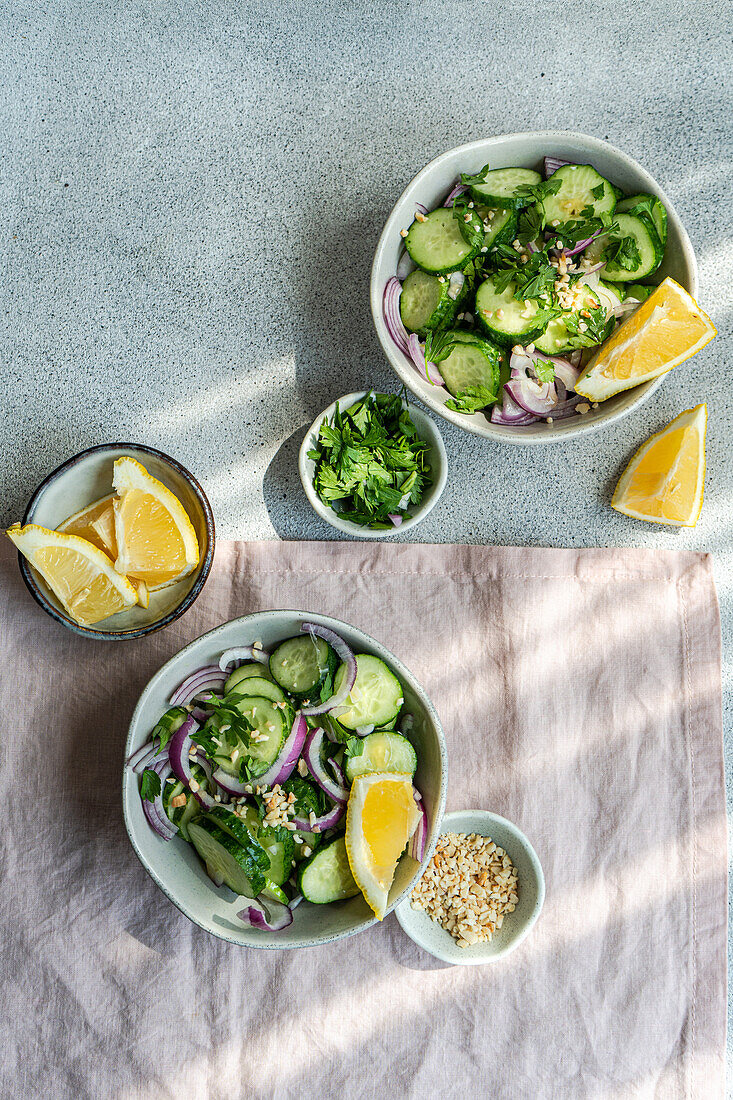 From above of healthy vegetables salads with organic cucumber, red onion, coriander and chopped nuts placed in a concrete table