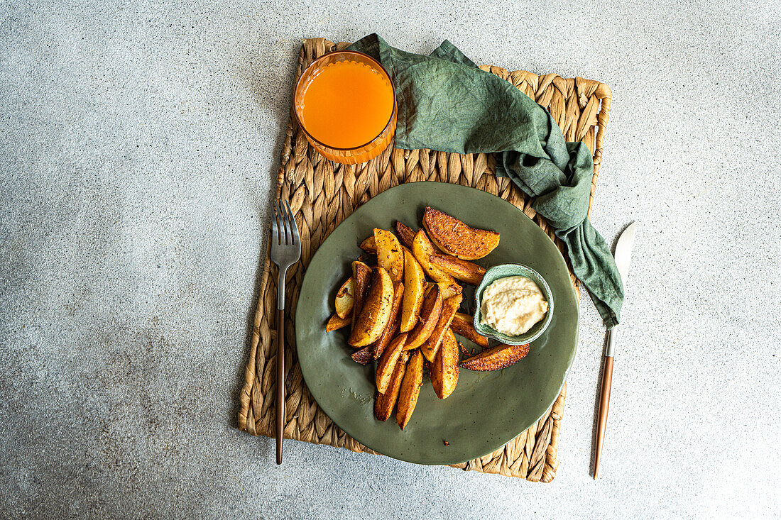 Blick von oben auf gebratene Kartoffel mit Paprikagewürz und Sauerrahmsauce auf Serviette zwischen Gabel und Messer neben Serviette und Orangensaft vor grauem Hintergrund