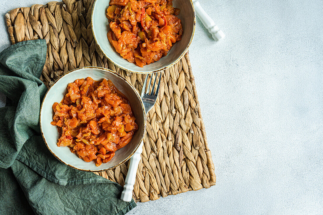 Draufsicht auf einen Gemüseeintopf aus Kartoffeln, Karotten, Paprika und Tomaten, serviert in einer Schüssel auf einem Betontisch