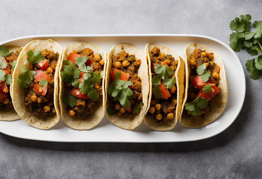 Hohe Winkel von serviert appetitlich mexikanischen Tacos mit scharfen Chilischoten und Koriander auf dem Teller. Generative KI