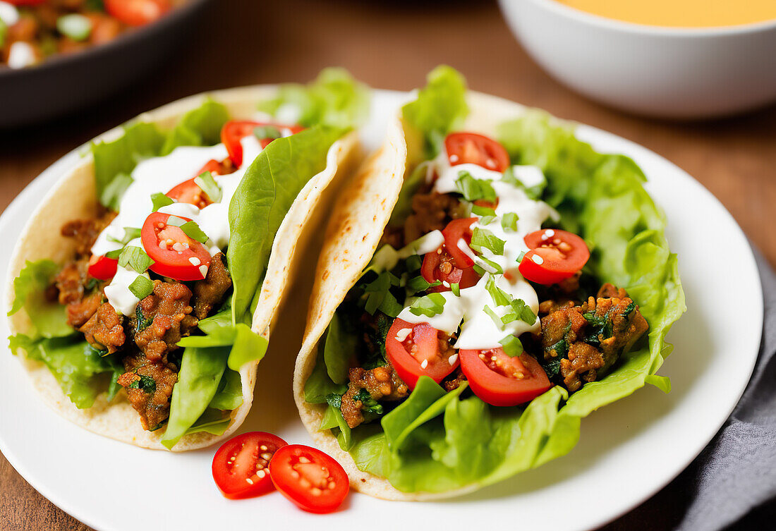 Appetitliche Tacos mit Salatblättern und Fleisch mit Tomaten und saurer Sahne auf einem Teller von oben. Generative KI