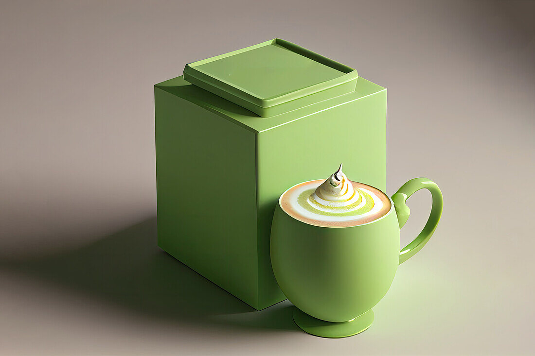 Generative AI-Illustration hohen Winkel der grünen Keramikbecher mit heißen aromatischen schaumigen Getränk in der Nähe von großen Box gegen grauen Hintergrund platziert