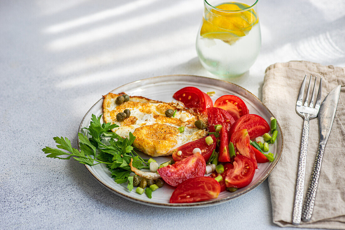 Teller mit leckerem, gesundem Mittagessen, bestehend aus Spiegeleiern mit Tomatenscheiben, Petersilie, Frühlingszwiebeln und Kapern, serviert mit einem Glas kaltem, reinem Wasser und Zitronenscheiben
