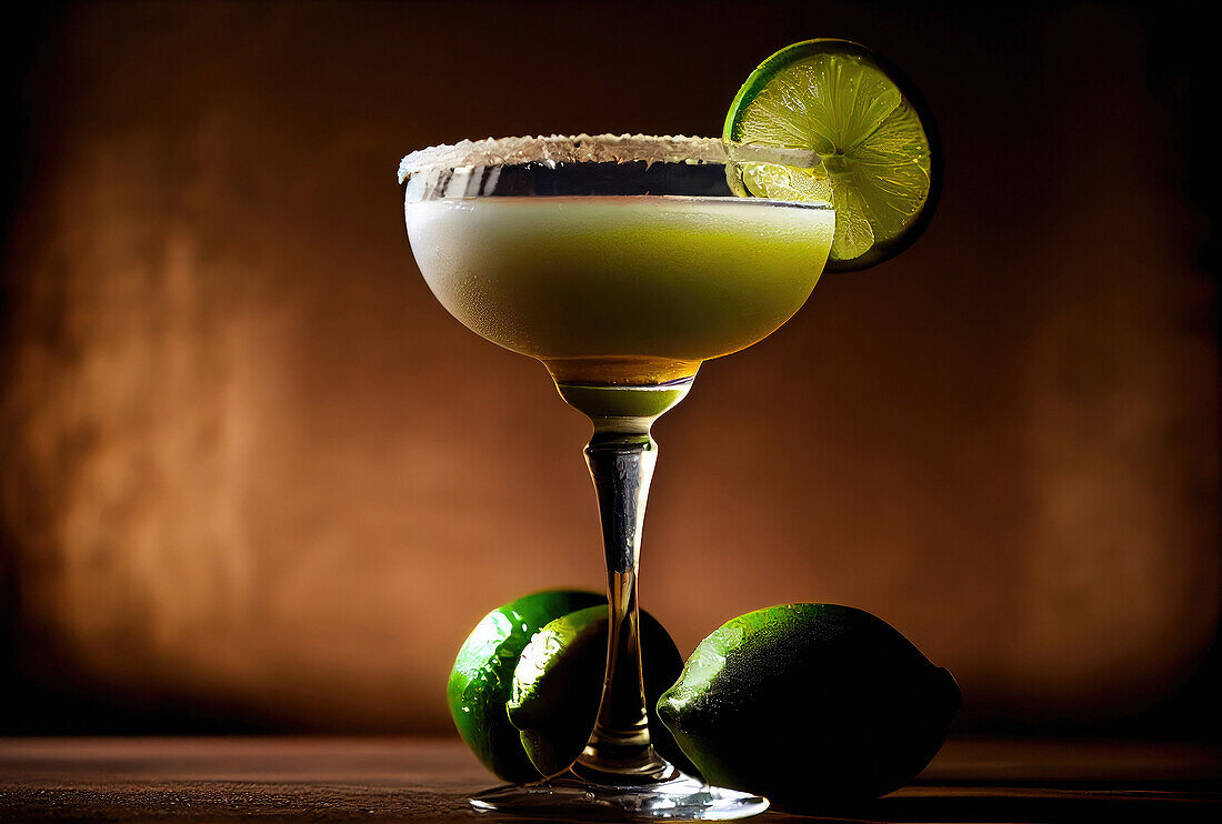 Generative AI illustration of transparent glass with refreshing and delicious aperitif cocktail decorated with green lime slice and isolated while placed against blurred dark brown background with light reflecting on surface