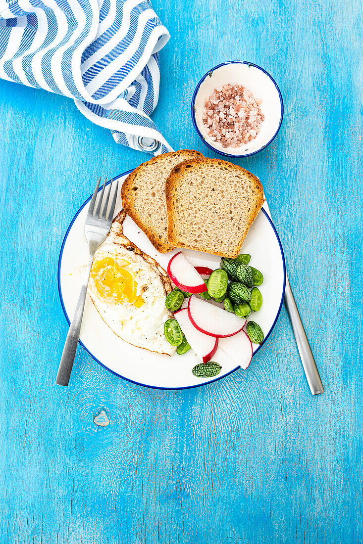 Top view of healthy lunch bowl with slices of bread, fried egg, fresh cucamelon, radish and tomato placed on blue surface near cloth with a small bowl of pink salt on the side