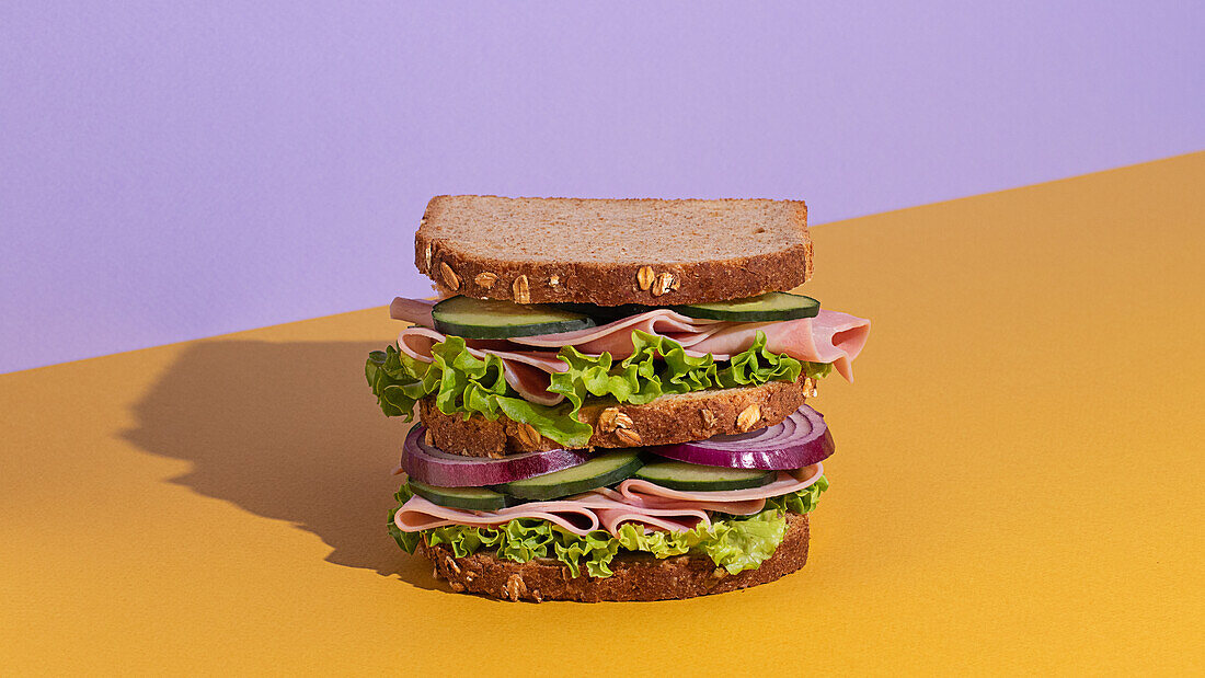 Delicious sandwich with tomatoes, cheese slices and fresh vegetables on colorful background