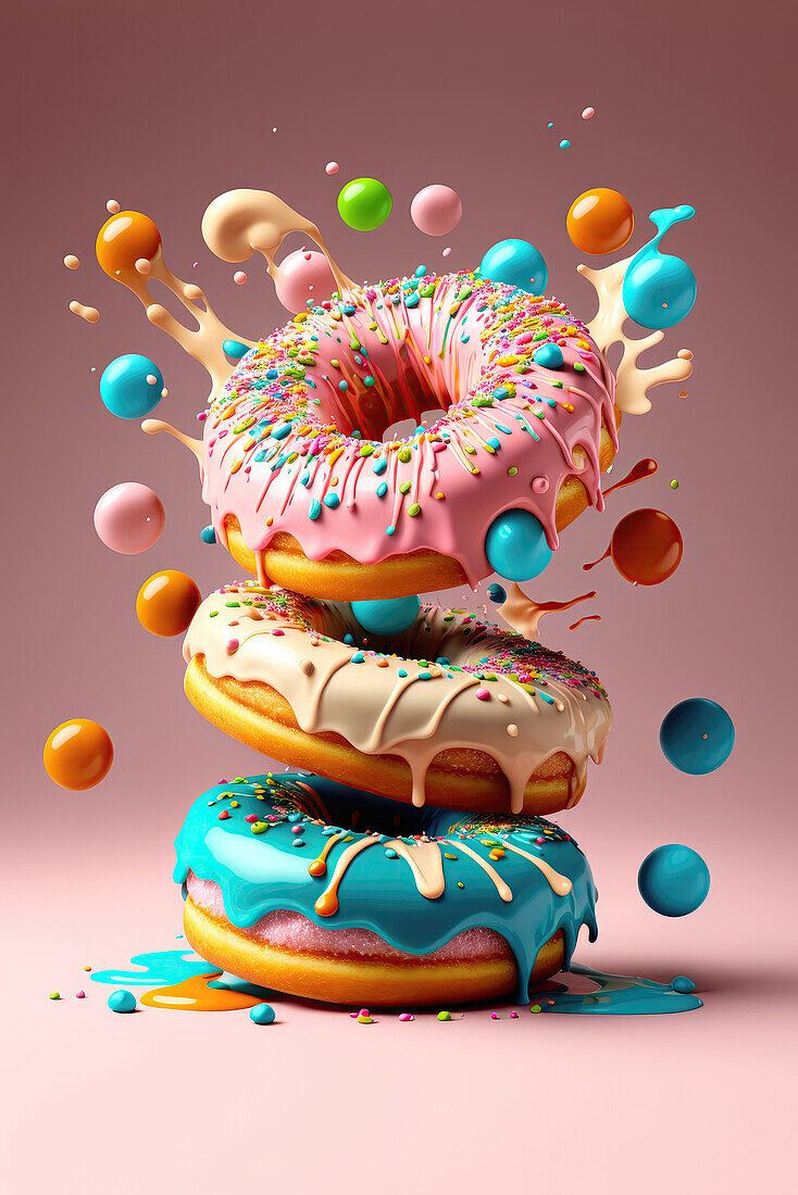 Generative AI-Illustration von appetitlichen verschiedenfarbigen Donuts mit spritzender Glasur und bunten Kugeln, die auf rosa Hintergrund schweben