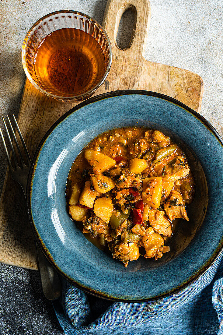 Top view of a chicken meat stew with vegetables served in the ceramic bowl and glass of amber wine