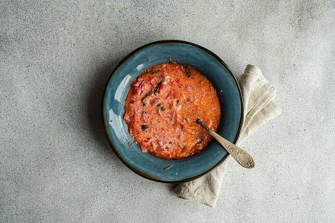 Top view of bowl with traditional Ukrainian soup borscht served in blue ceramic bowl on gray surface and white sour cream sauce