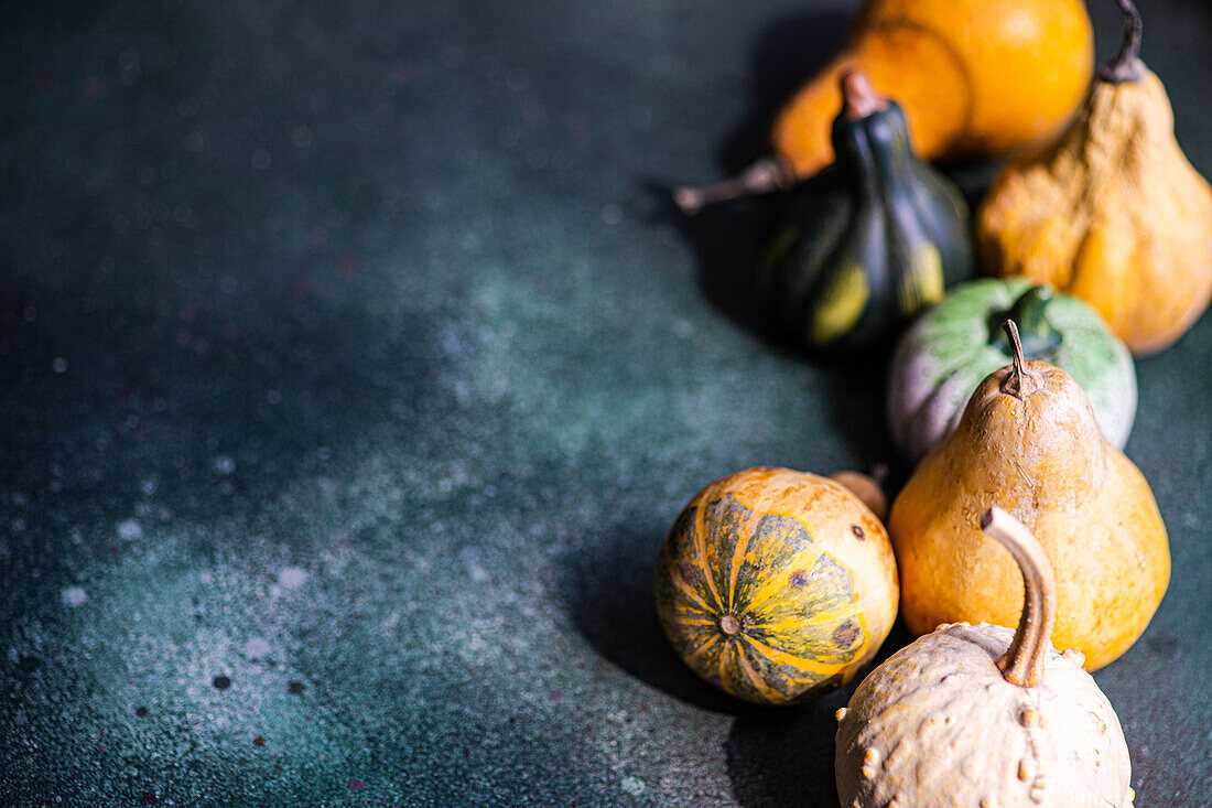 Draufsicht auf leeren dunkelgrünen Hintergrund mit einer Reihe von zusammengesetzten bunten Kürbissen für die Herbstsaison