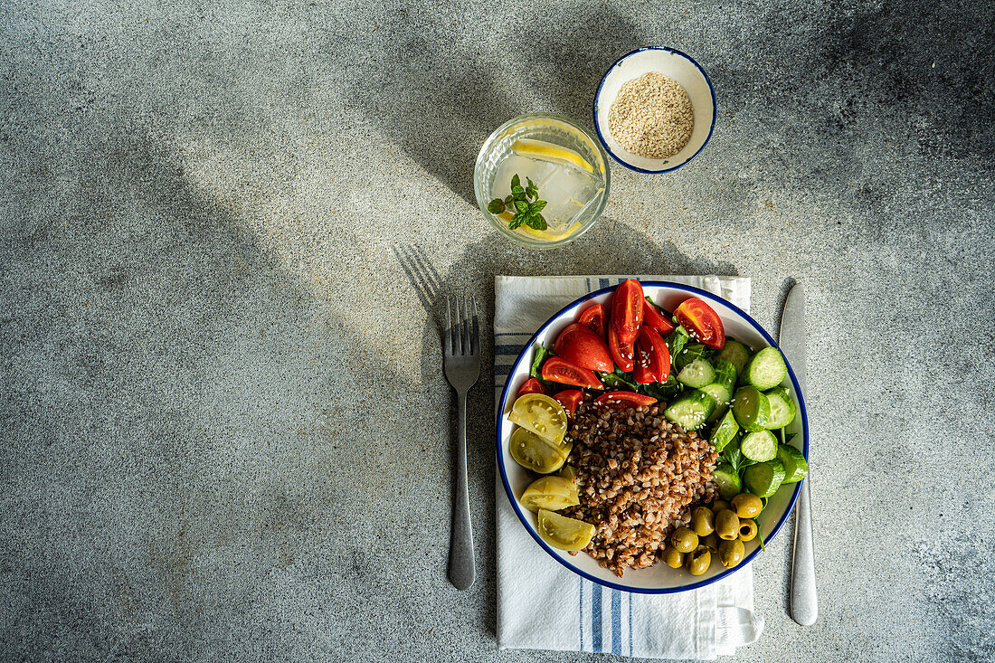 Draufsicht auf eine gesunde Lunch-Schale mit gekochtem Bio-Buchweizen, frischer Gurke und Tomate sowie fermentierter Tomate und Oliven auf einer Serviette zwischen Gabel und Messer auf einer grauen Fläche