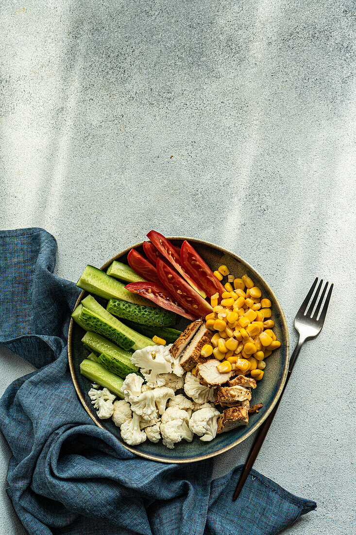 Draufsicht auf eine Schüssel mit fünf Zutaten: Blumenkohl, Tomate, Gurke, gekochter Mais und gegrilltes Hühnerfleisch auf einer grauen Serviette neben Gabel und Glas