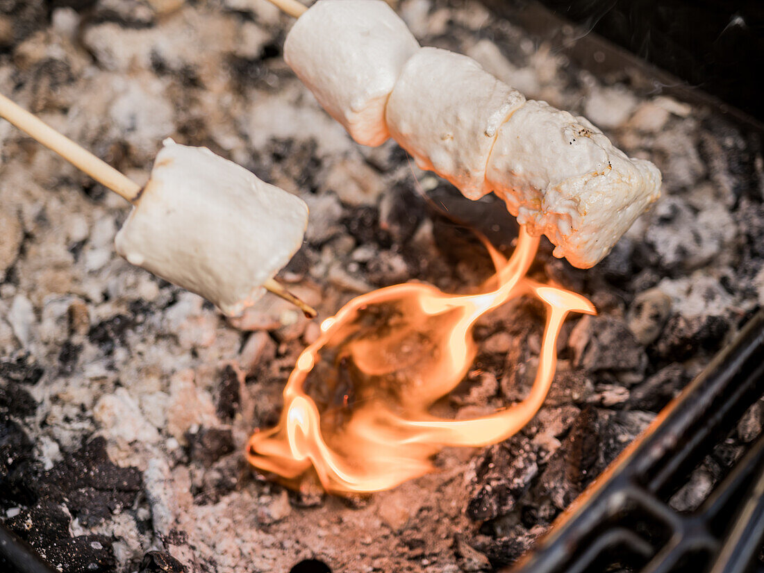 Top view of roasting marshmallow on fire in charcoal grill machine with skewer stick during picnic