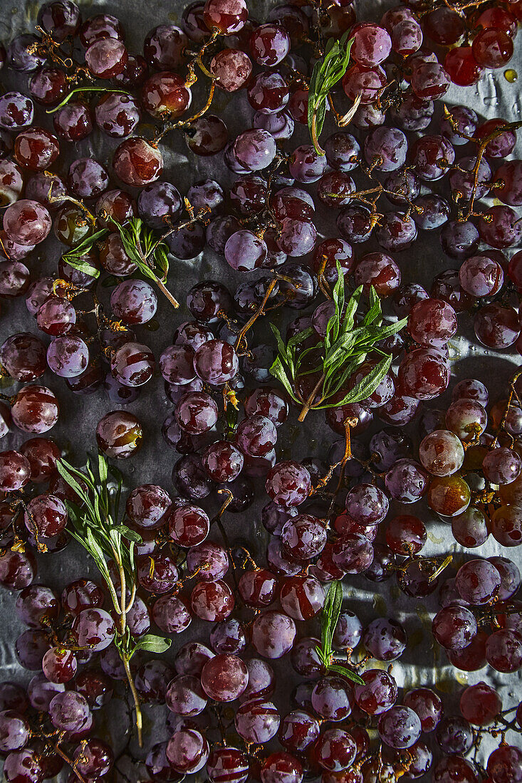 Top view of metal baking pan with fresh ripe black grapes placed on parchment paper in kitchen