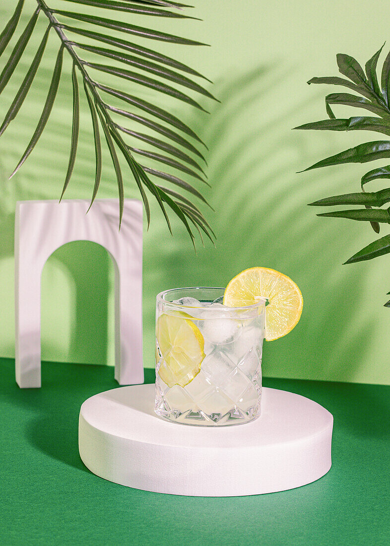 Transparentes Kristallglas mit Eis und Limettenscheiben in einem Cocktailgetränk auf einem Untersetzer auf einem Tisch mit grüner Oberfläche und einem weißen Miniaturbogen in der Nähe von Blättern mit Schatten