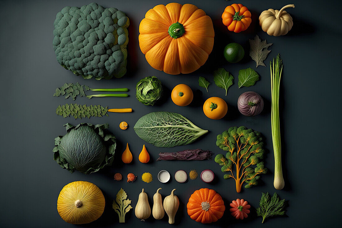 Generative AI illustration top view flat lay of fresh different healthy vegetables laid out on black background