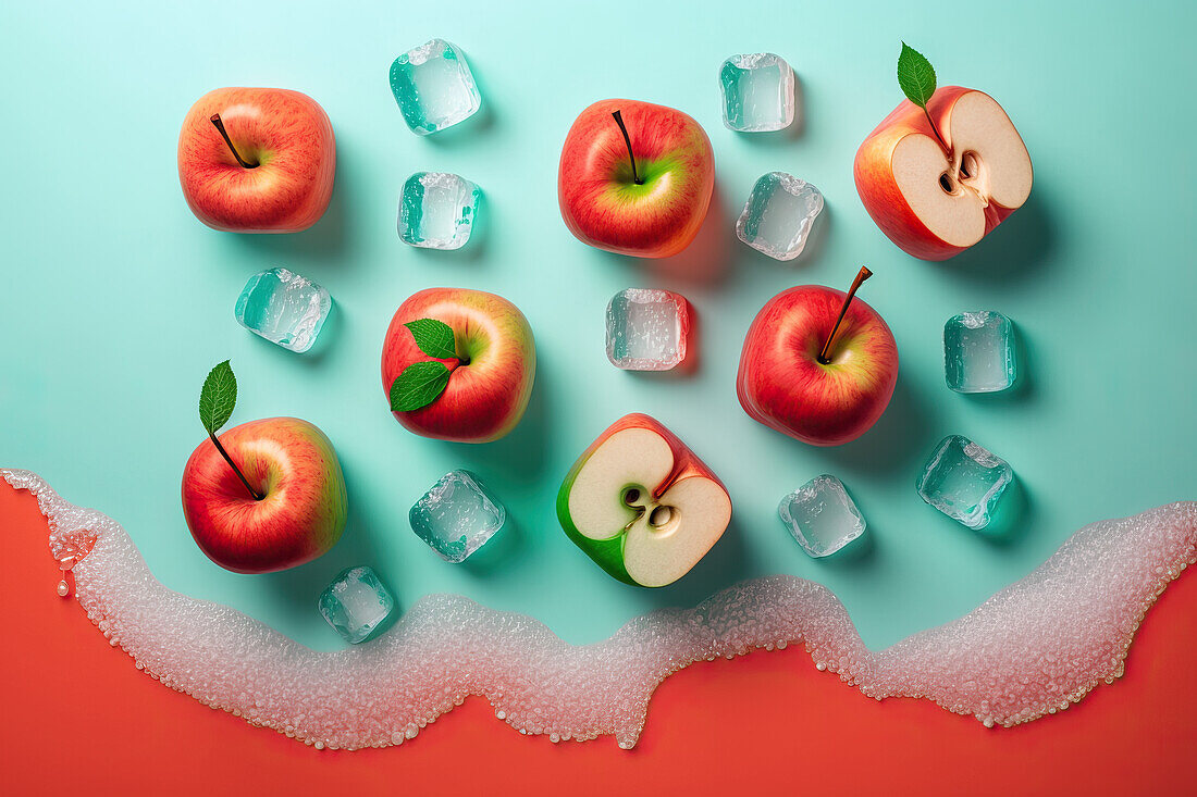 Hintergrund der schönen Apfel Obstscheiben auf gefrorenen Oberfläche mit Eis Formen. Generative AI