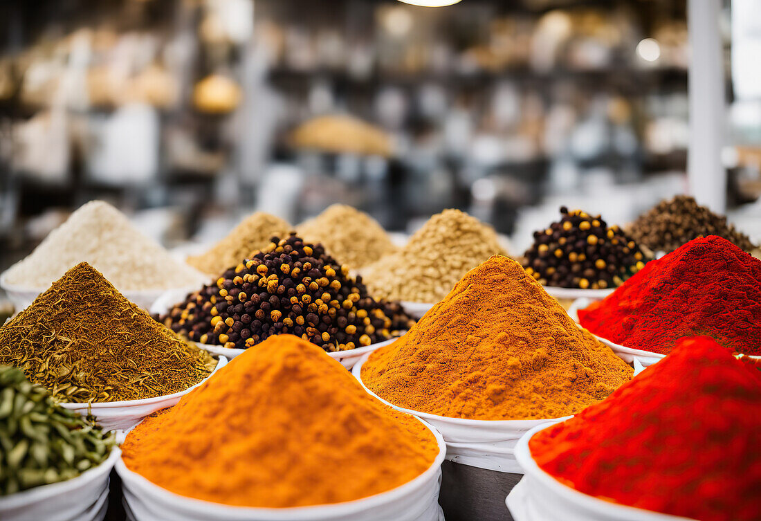 Colorful assorted traditional Moroccan spices placed on stall in market over blur street with people